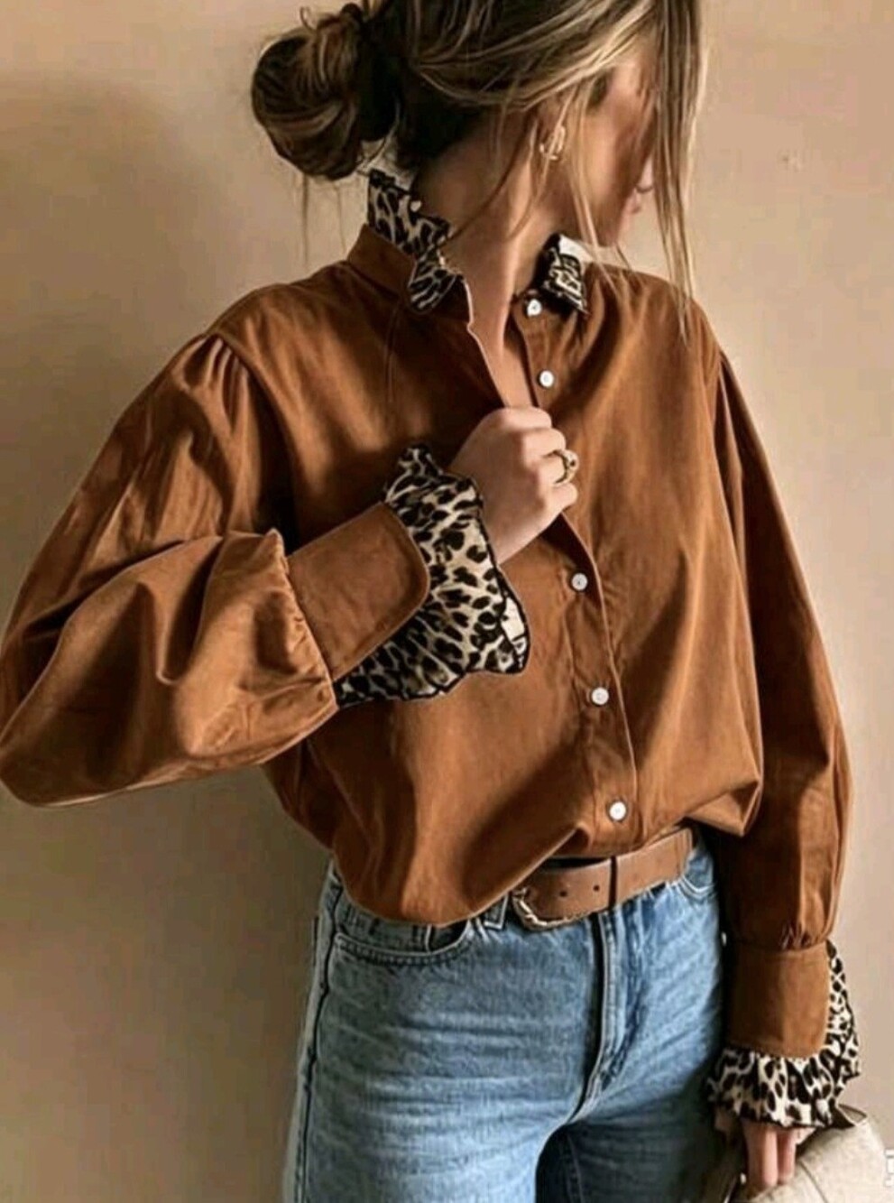 Leopard Print Solid Color Polyester Button Cross Front Patchwork Collar Women's